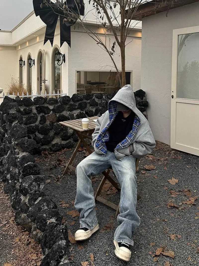 Vintage Plaid Hoodies for Men Fashion Harajuku Hiphop Strtwear Zip Up Hoodie Mens Casual Loose Sweatshirt Men Clothing Tops X250910