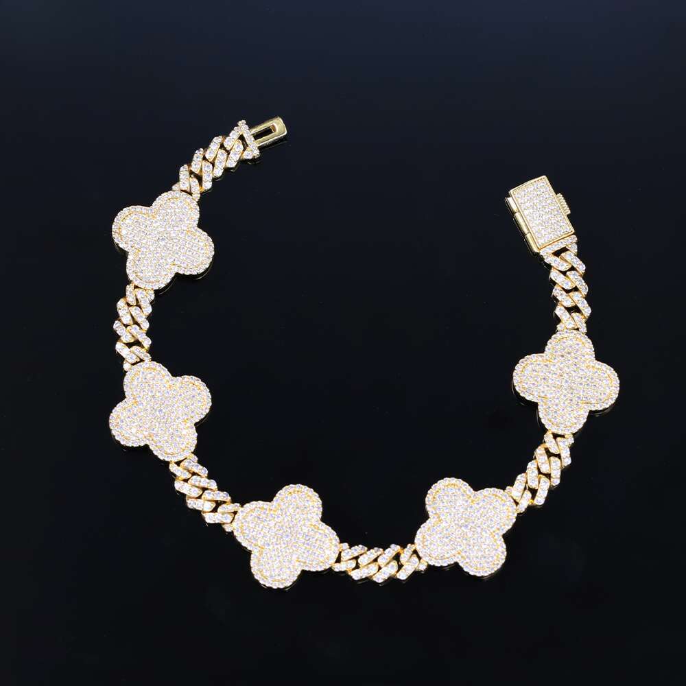 Lucky Four Leaf Clover Jewelry 6mm Wide Gold Plated VVS Moissanite For Men Sier Cuban Link Bracelet