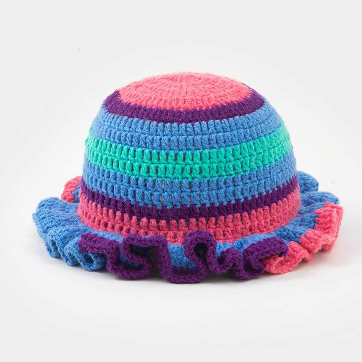 Lotus edge pleated striped color blocked pure handmade knitted hat for men and women autumn and winter warm woolen hatXJ250910