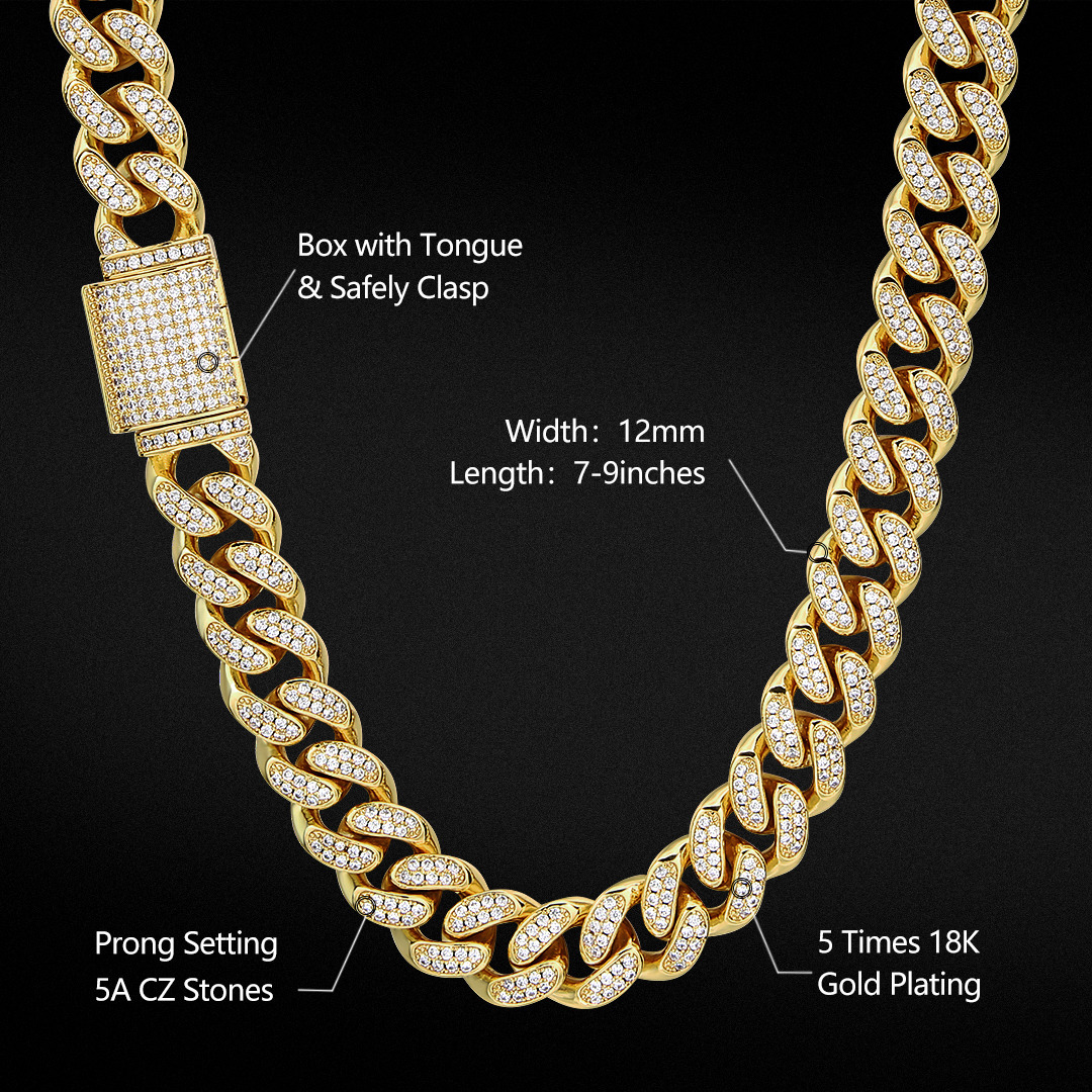 KRKC Hip Hop 12mm 18k Gold Box Clasp Miami Cuban Link Chain Iced Out Bling Moissanite Cubic Diamond Link Chain Cuban Necklace for Men