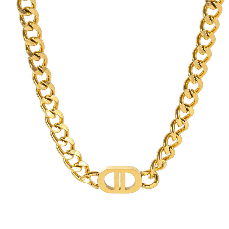 Trendy Gold Thick Double D Letter Titanium Steel Necklace for Women Hip Hop Personality Short Clavicle Chain Versatile Jewelry