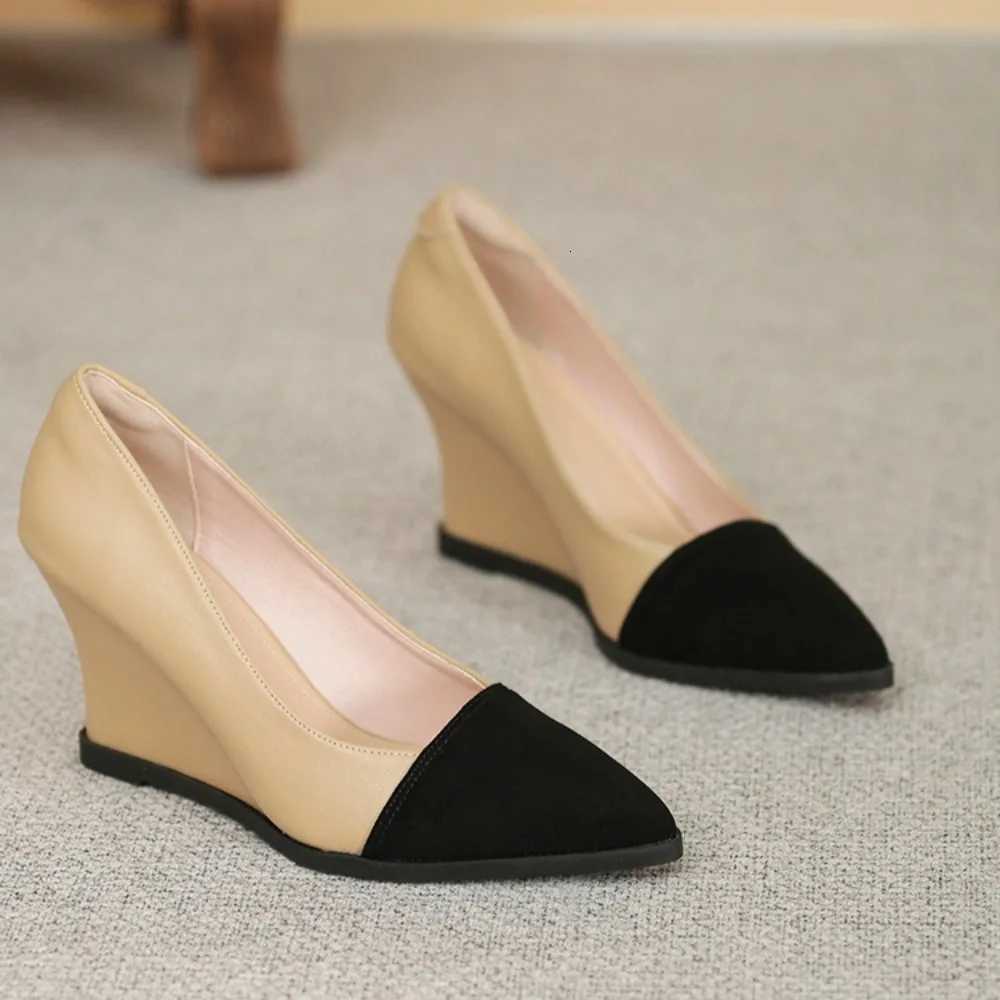 Women Leather Pointed Toe Wedges High Heel 5cm8cm Slip on Comfortable Soft Sole Work Shoes Wide Heels Women Pumps Women Shoes W250910