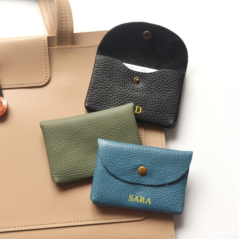 Personalize Genuine Leather Card Holder Simple Classic Soft Cowhide Coin Purse Engrave Letter Mini Envelope Business Card Sleeve250906