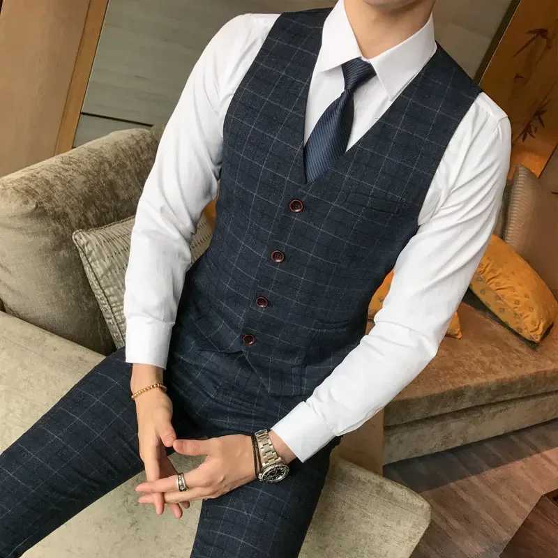 Jacket Vest Pants Mens Suit 3 Piece Fashion Boutique Plaid Wedding Business Casual Men Blazer Wedding Party Dress Suits W250910