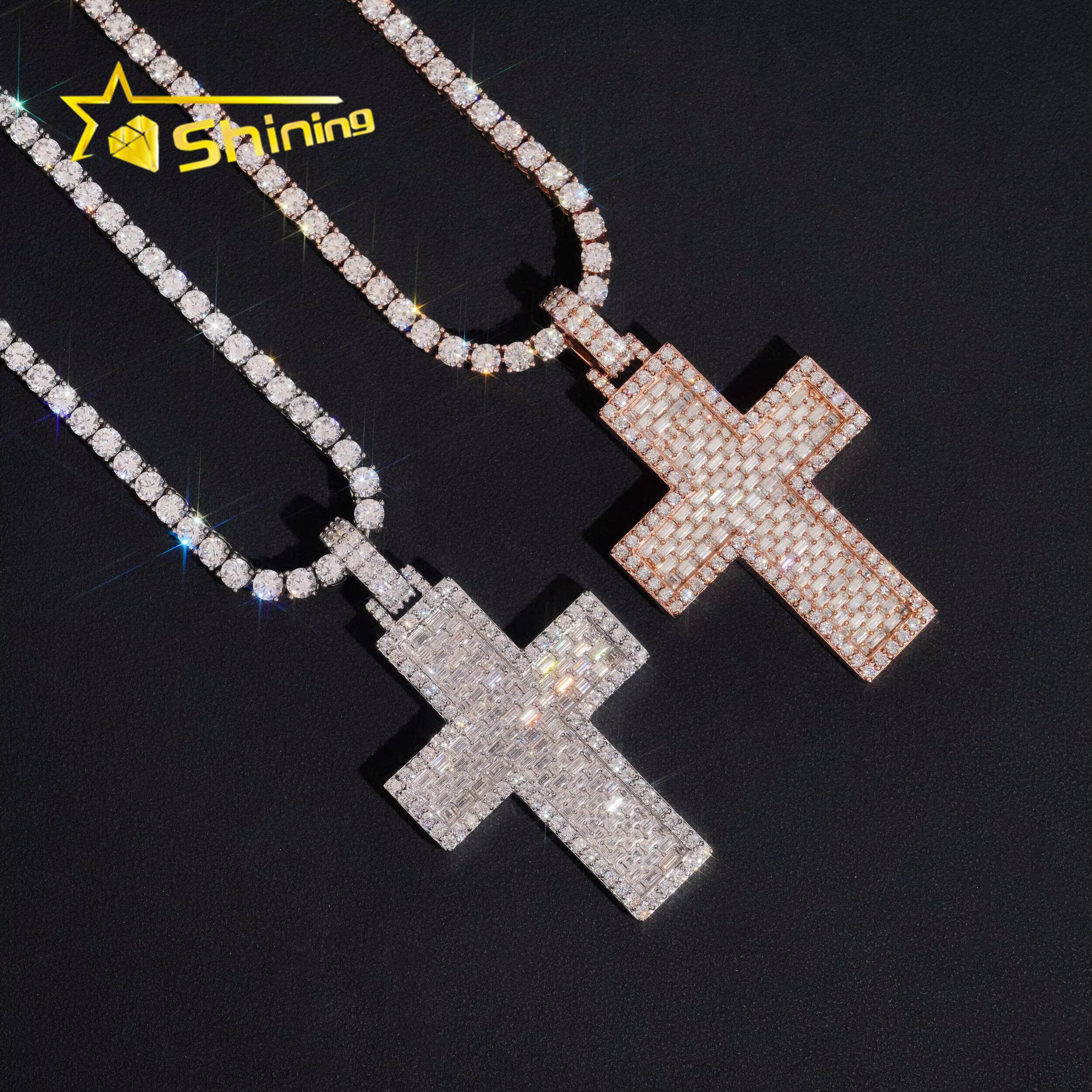18K Gold Plated VVS Baguette Moissanite 925 Silver Fully Iced Out Pass Diamond Tester Moissanite Cross Charms Fine Jewelry