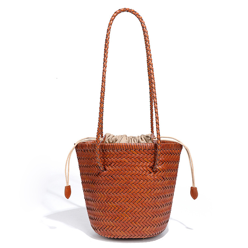 Genuine Leather for Women, High-End First Layer Cowhide Basket Bucket Premium Handwoven Mother-Daughter Bag, Shoulder Bag