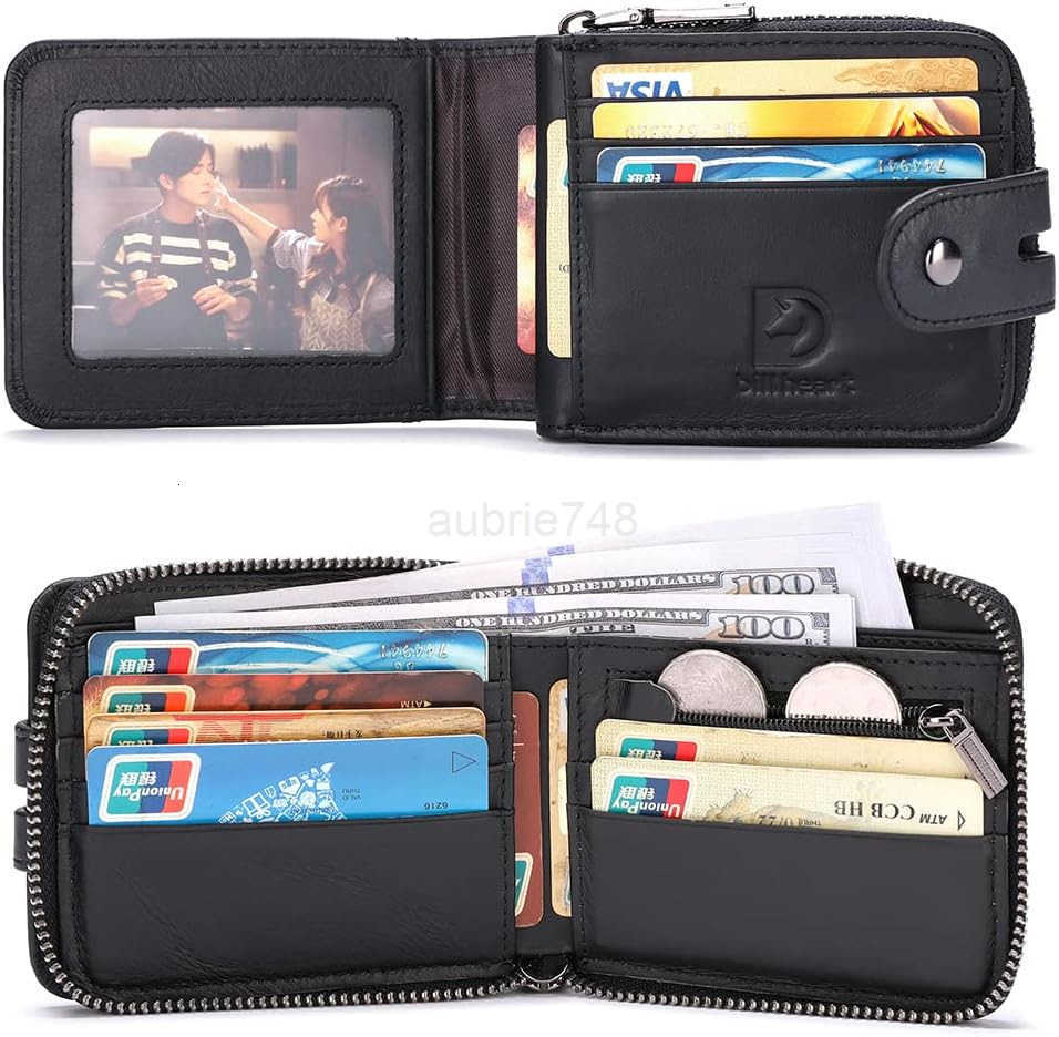 Men Wallet with Zipper Genuine leather Bifold Purse for Mens ID Window and Coin PocketZ250910