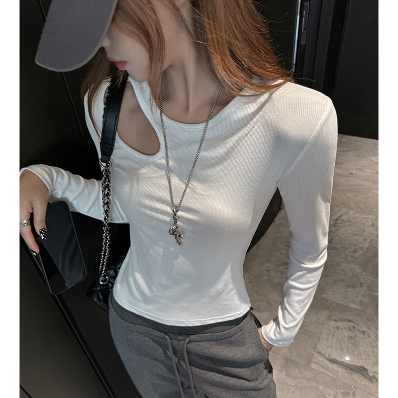 2025 early autumn new regular shoulder long sleeved women's basic design shirt for wearing inside and outside, sexy hollow out high-end slim fit 
