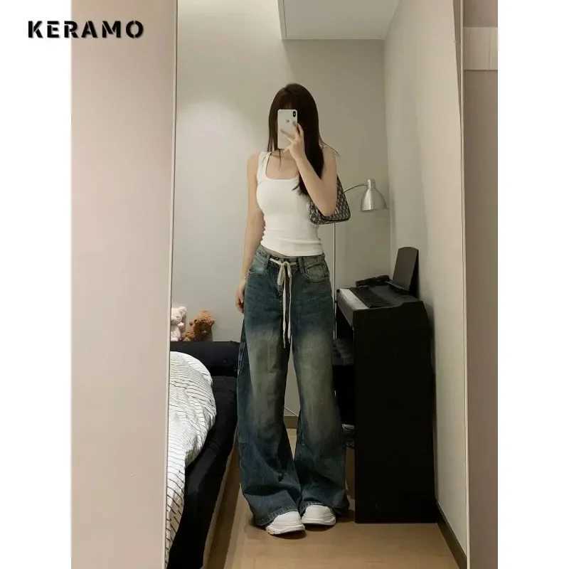 Harajuku Vintage Drawstring High Waist Loose Jeans 2023 Autumn Pants Winter Womens Y2K Wide Leg Baggy Streetwear Denim Trouser Z250910