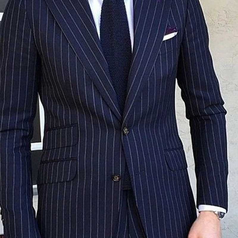 2 Piece Pinstripe Mens Suit Slim Fit for Formal Wedding Tuxedo Notched Lapel Navy Blue Striped Business Groom Male Fashion W250910