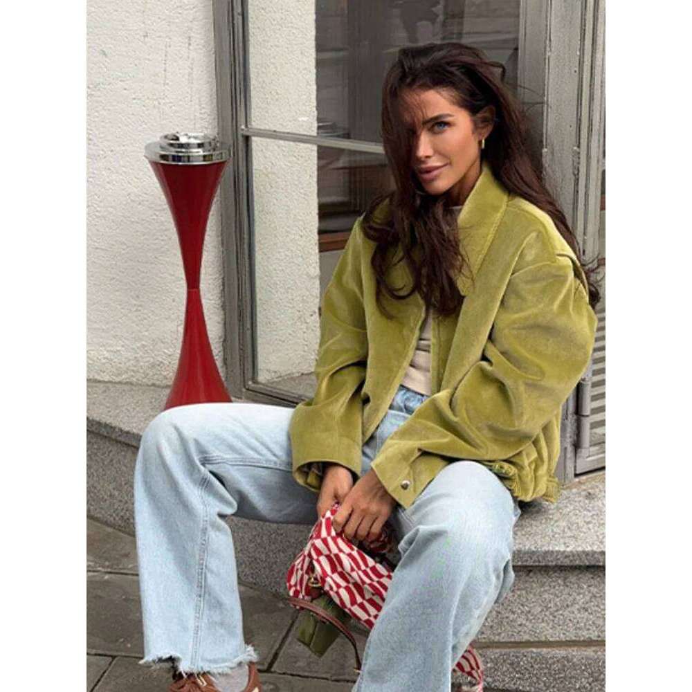 Designer Clothing 2025 Vintage Suede Cropped Jacket Women's Spring Fall Olive Green Casual Daily Zipper Coat 2025 New Outerwears Chic Streetwear