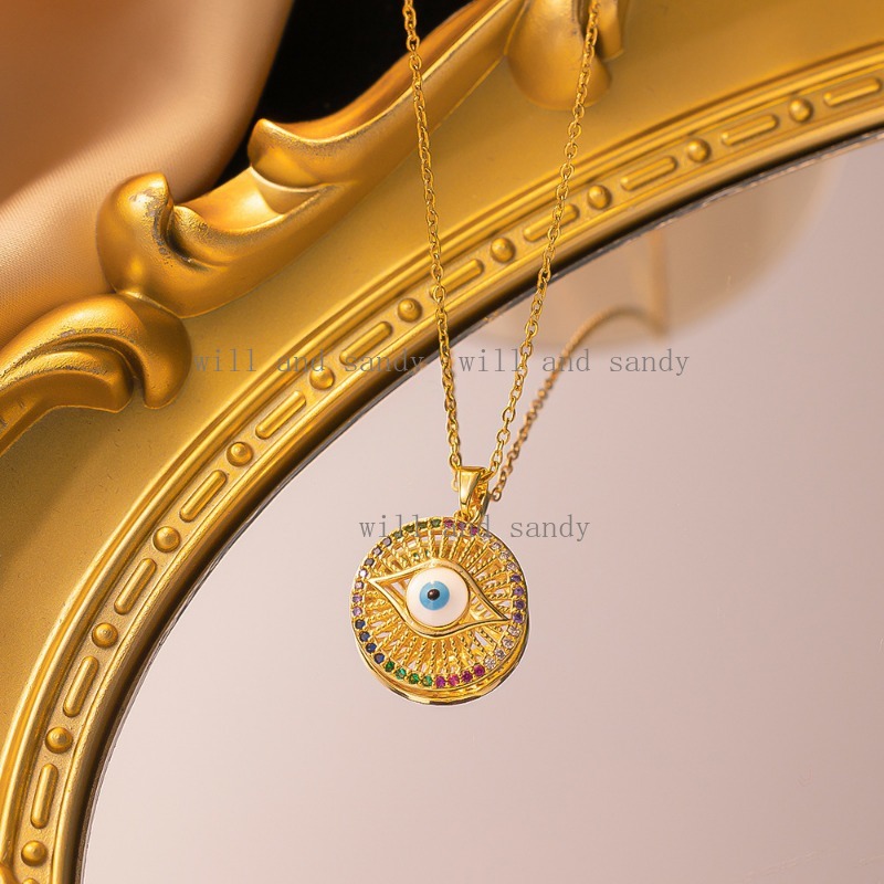 Non Tarnish Gold Evil Eye Necklace Charm 18K Gold Plated Stainless Steel Designer Necklaces Cubic Zirconia Hamsa Hand of Fatima Necklace for Woman Fin