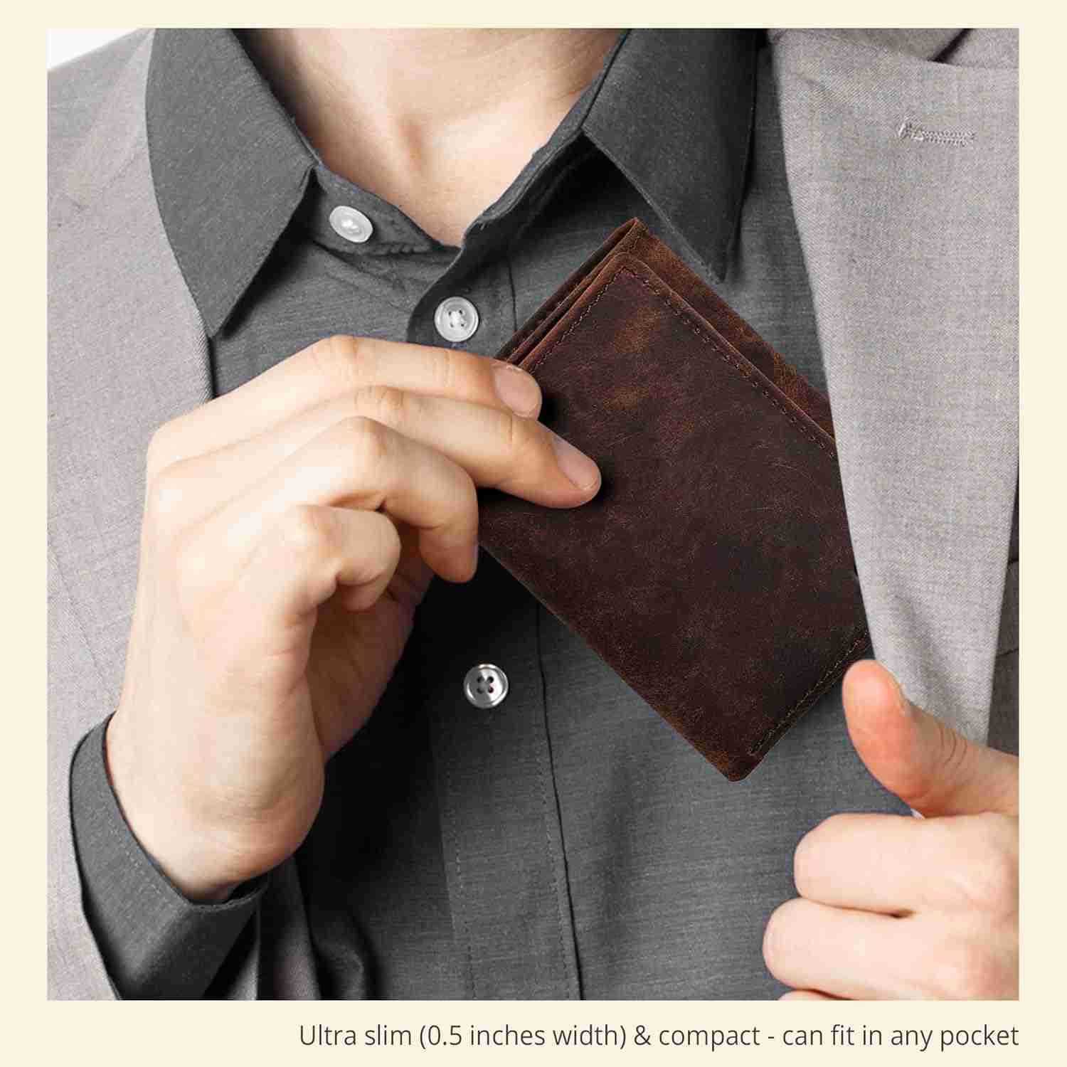 Leather Mens Trifold Wallet RFID Blocking Slim Minimalist Front Pocket Thin Stylish with ID Window in Gift BoxZ250910