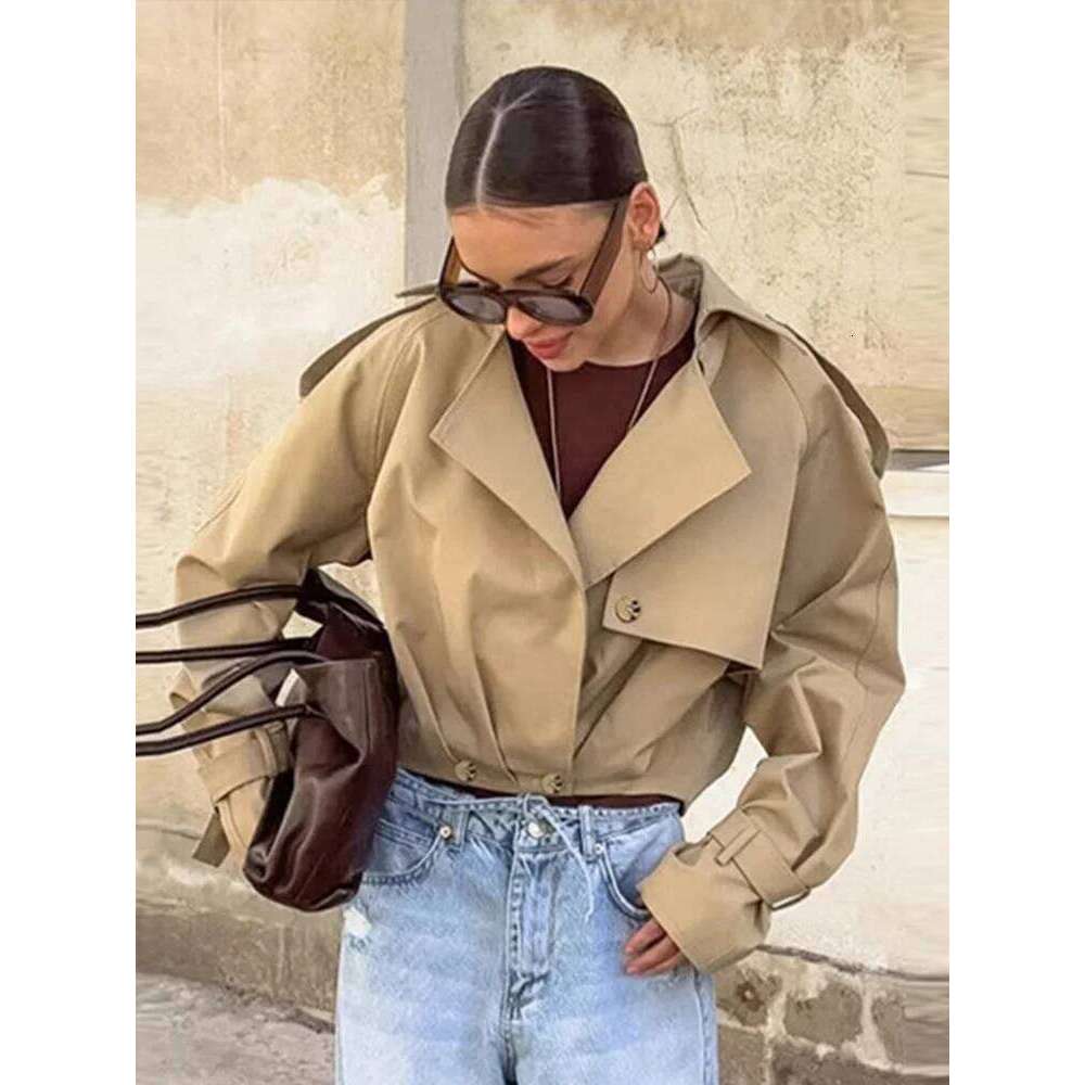 Designer Clothing 2025 Ladies Vintage Cropped Trench Spring Autumn Lapel Jacket Women Streetwear Single Breasted Long Sleeve Top Female Chic Coat Luxu