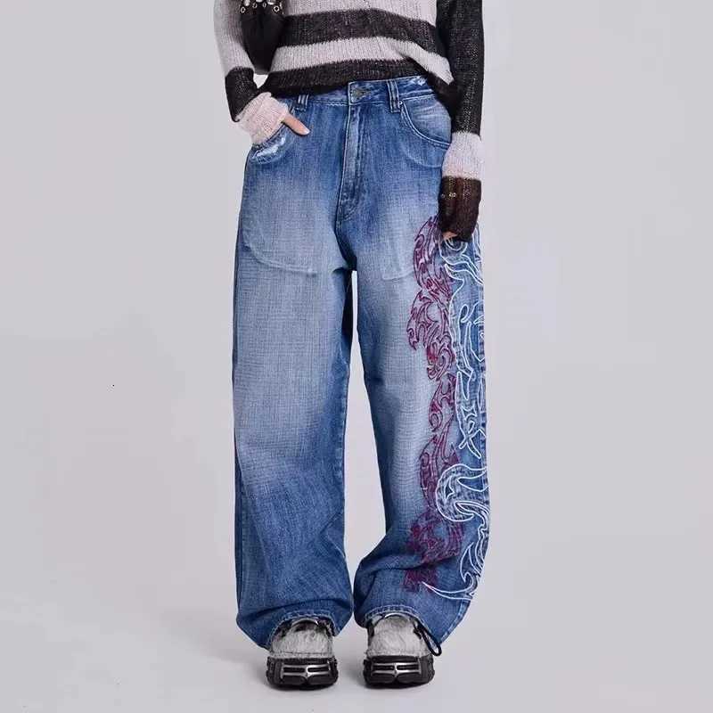American Fashion Trend New Old Pattern Embroidery Baggy Jeans Women Y2K Gothic Harajuku Casual High Waist Wide Leg Trousers Z250910