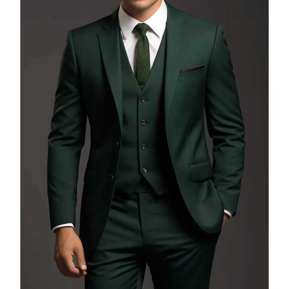 Dark Green Men Suits 3 Piece Set Elegant Single Breasted Notch Lapel Solid Outfits Slim Fashion Business Casual Wedding Suits W250910