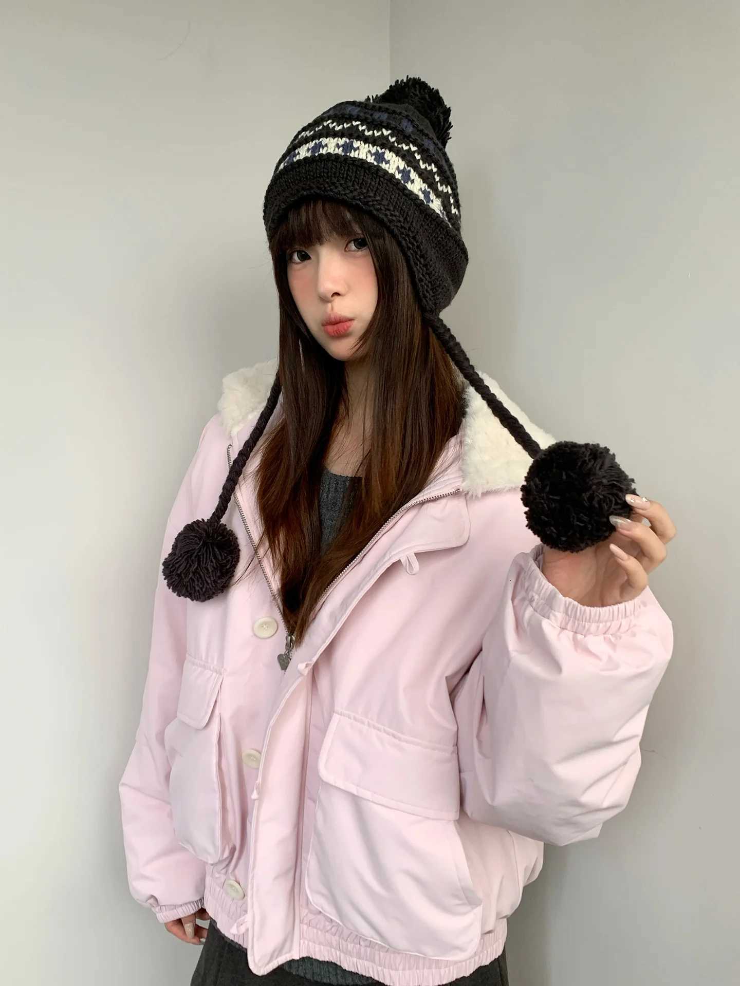 Autumn And Winter Fair Lsle Style HandKnitted Woolen Hat For Women Warm And Cute Ball Earmuffs To Show Off A Small Face AndXJ250910