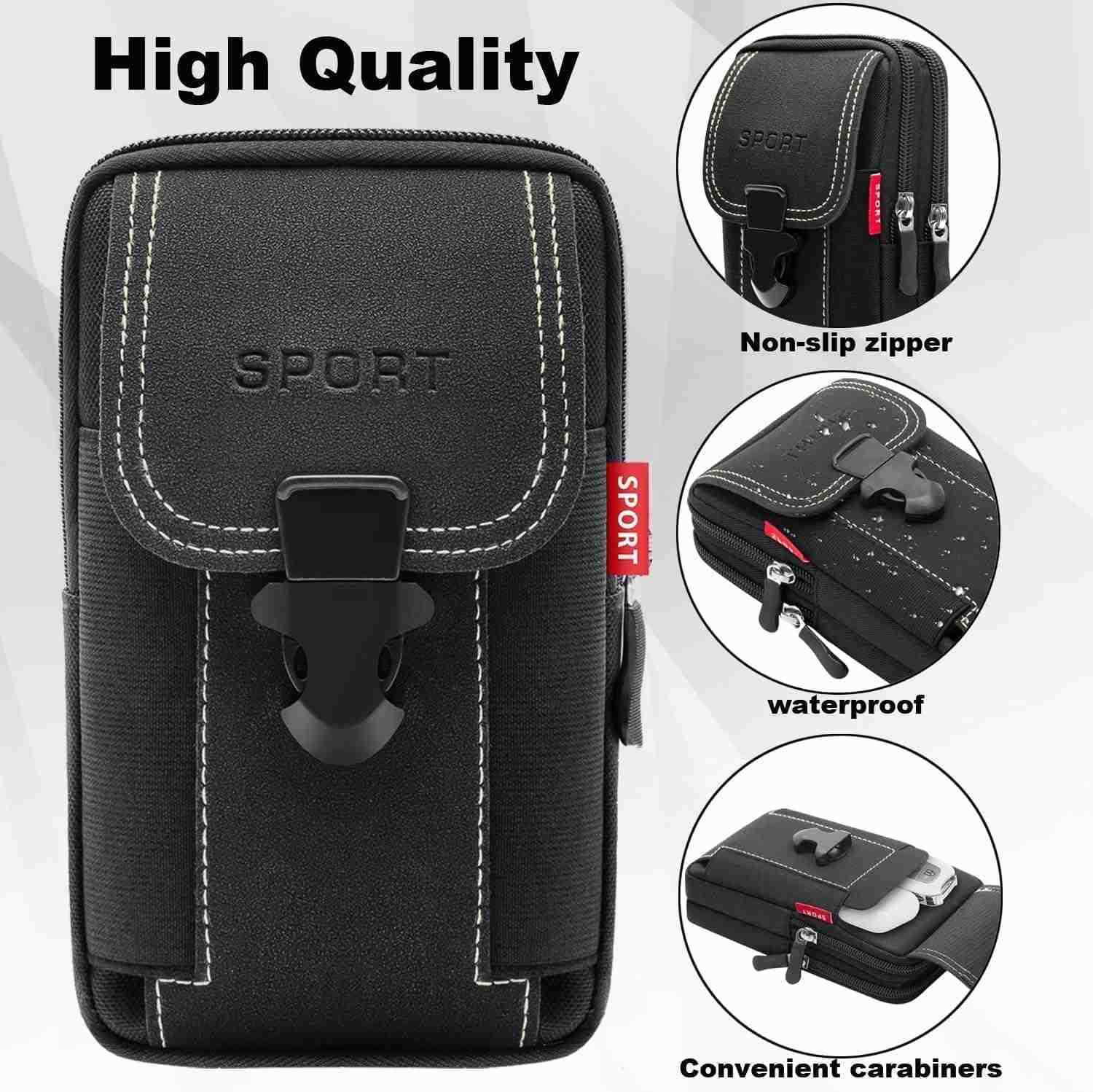 Phone Holster with 2 Zippered Pouce Phone Holder for Belt Men for iPhone for Belt Pouches Belt Bag for Men Black Black Z250910