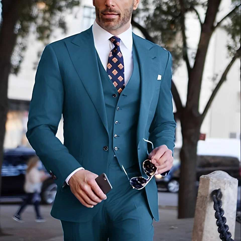 Blue Formal Mens Suit 3 Piece Set Slim Fit Jacket Pants Vest Wedding Groom TailorMade Tuxedo Blazer XS5XL W250910