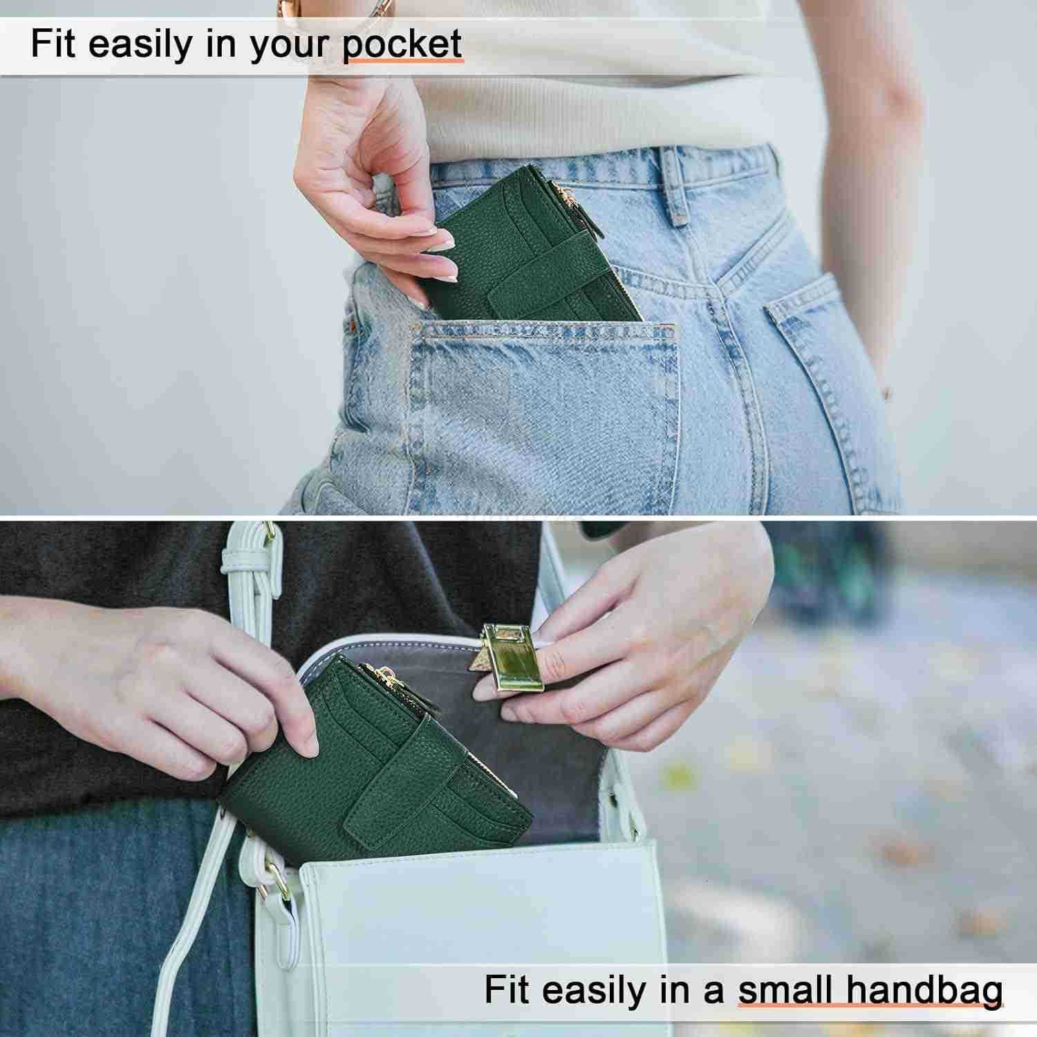 Small Wallet Women RFID Blocking Bifold Compact CARD Holder Leather Wallets for Women with Zipper Coin Pocket and 2 ID Window Deep GreenZ250910