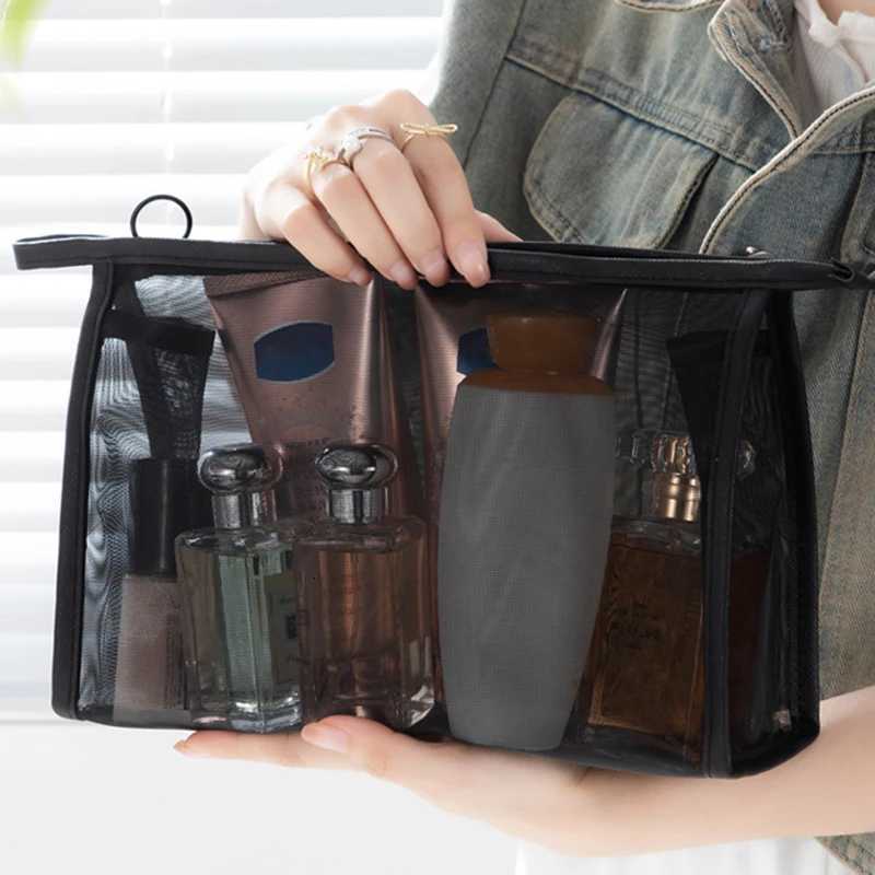 Travel Black Mesh Cosmetic Bag Zipper Makeup Bag For Women Wash Toiletry Bag Makeup Organizer Portable Storage PouchXJ250910