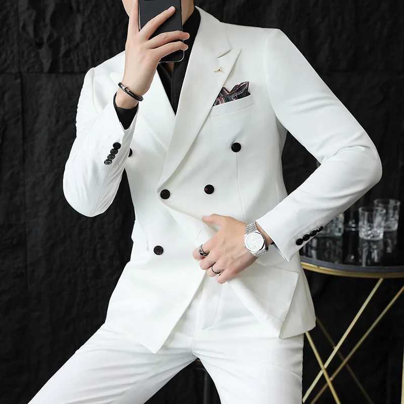 Mens Suits Blazers Pants Boutique Fashion Solid Color Doublebreasted Mens Casual Business Slim Suit 2piece Set W250910