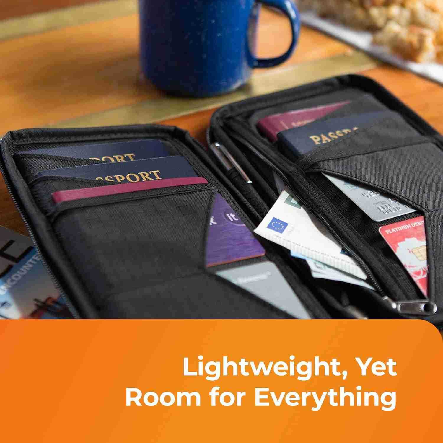 Passport Holder Travel Wallet with RFID Blocking Premium Document Organizer Case for Men and Women Holds Passports Cards Tickets ID Cash Compact Zippe