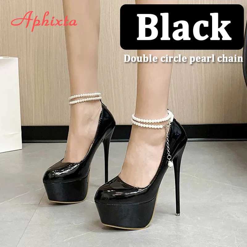 Aphixta Pearl Chain Party Disco Dance Pumps Women 55cm Platform Belt Pimp Buckle 16cm Super High Thin Heels Shoes Big Size 50 W250910