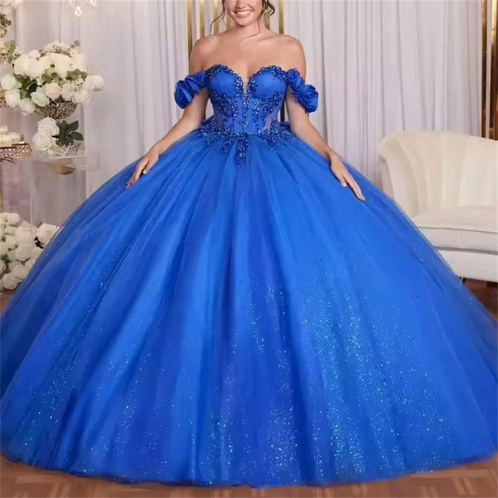 Ball Gown Quinceanera Dresses Royal Blue Off the Shoulder Sexy V-Neck Glittering Tulle Customized Sweet 15 16 Princess Birthday Party Gowns Vestidos D