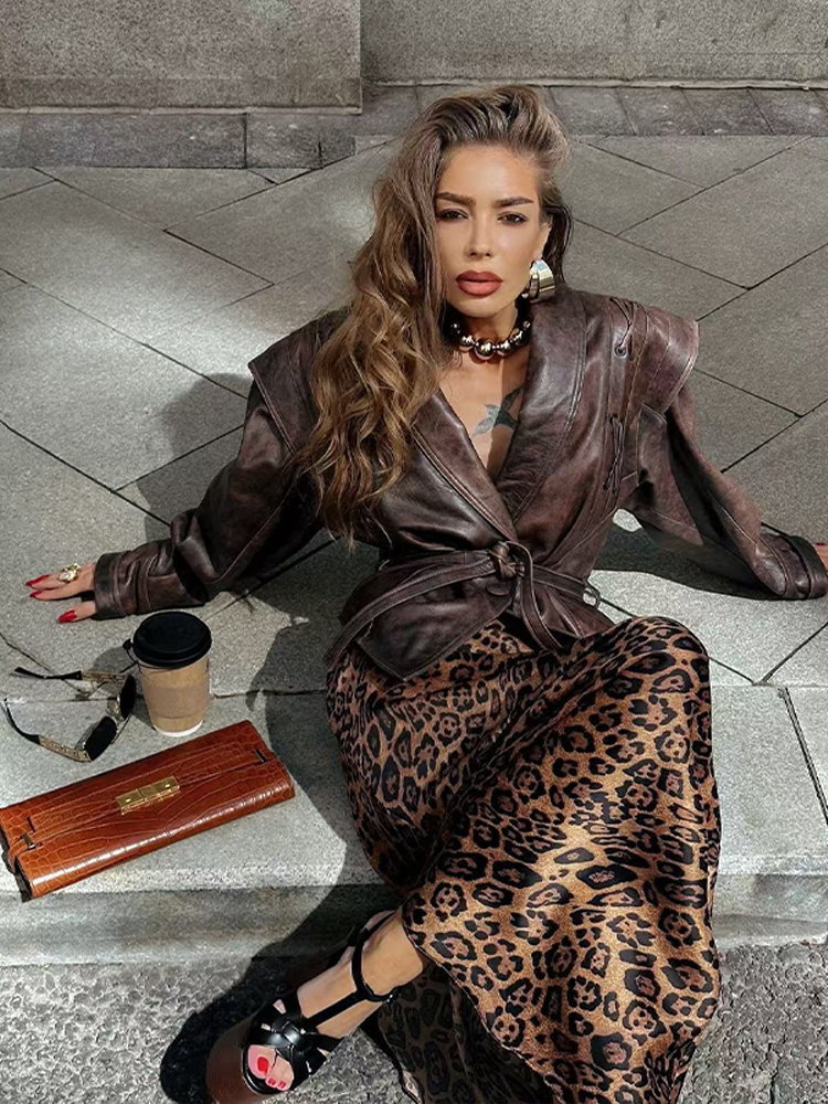 Street Solid Color Lace Up Leather Jacket Woman Waist Cinching Long Sleeves Lapel Coat Casual Versatile Women's New Leather Outerwear Revival