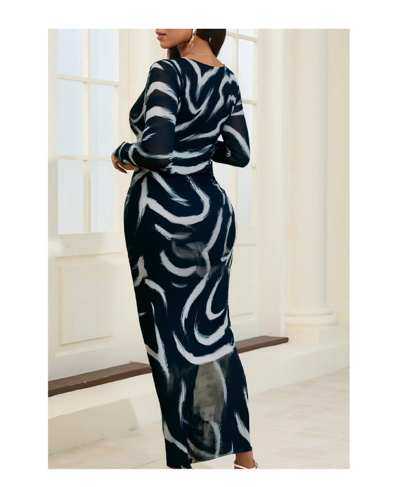 Basic Women's Sheer Mesh Long Sleeve Bodycon Dress with Abstract Swirl Print, Elegant Party Midi Dress