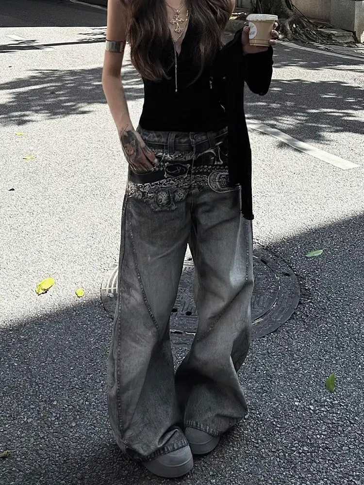 Goth Print Baggy Jeans Women Street Harajuku Hip Hop Vintage High Waisted Jeans Woman Clothing Wide Leg Women Jeans Y2k Pants Z250910