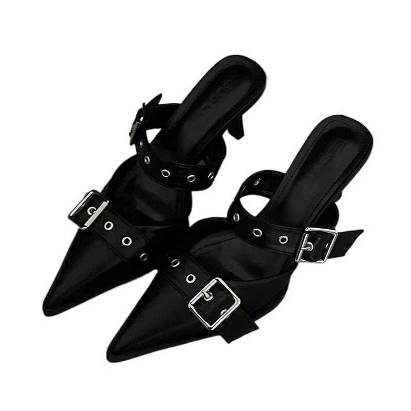 Punk Goth Metal Buckle High Heels Womens Sandals Summer Pointed Toe Silver Party Shoes Fashion Womens Pumps Shoes Tacones W250910