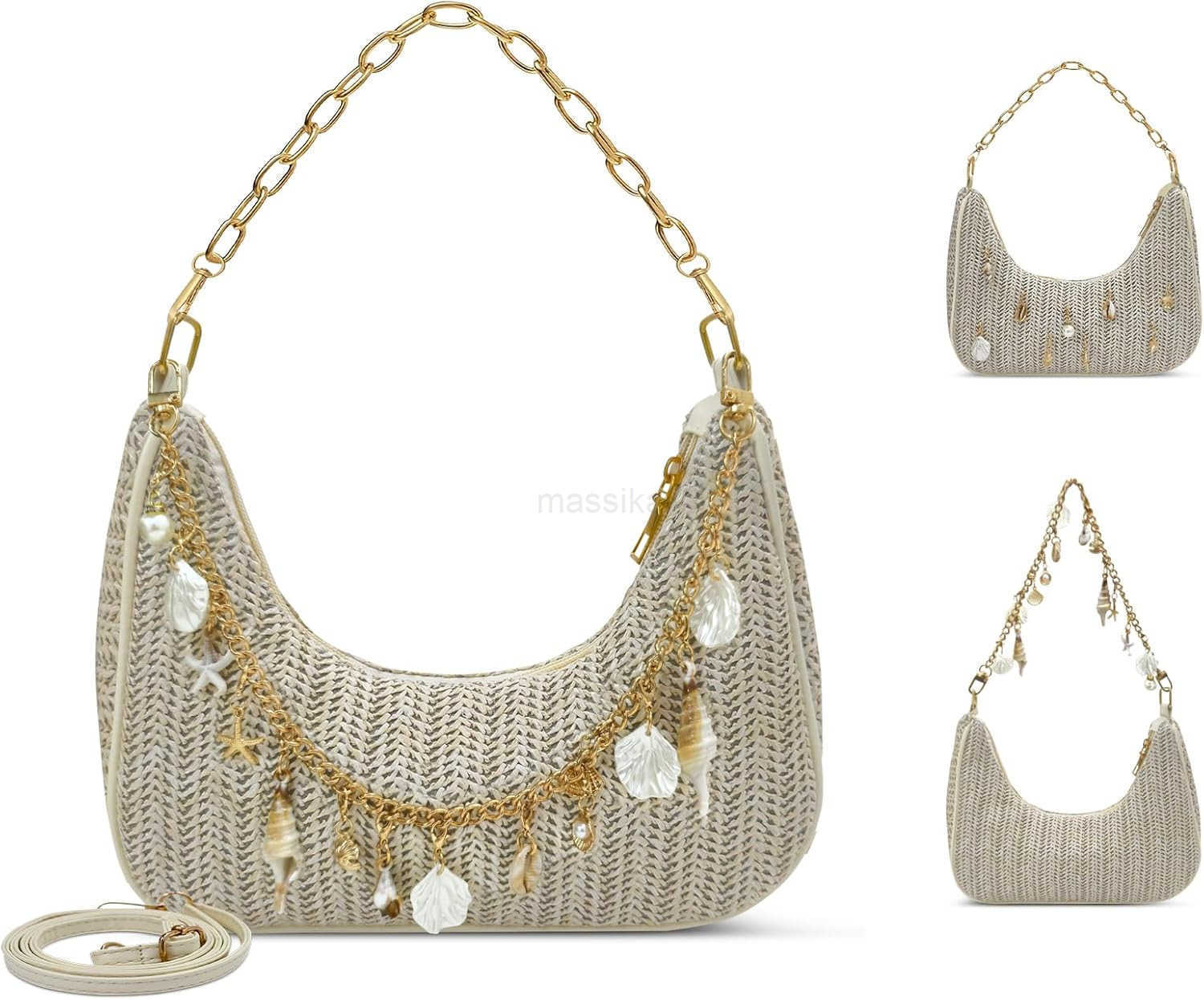 Beach Purse Straw Shoulder Bag for Women Summer Purse with Shell Pearl Bag Charms 2Pcs Detachable Strap Chain M250910