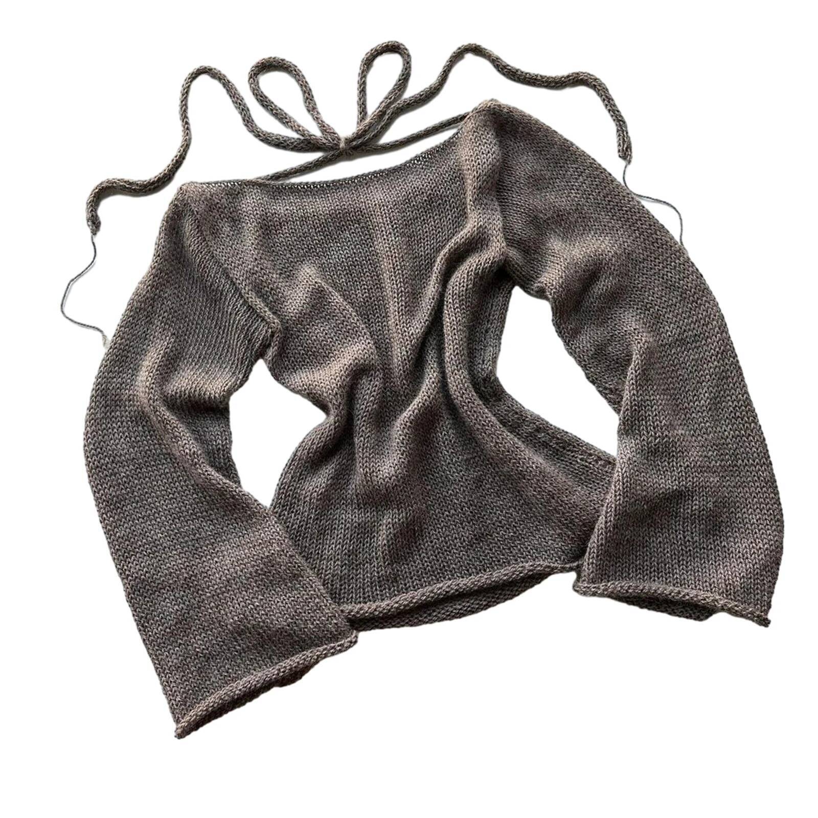 Fashion Women's T-shirt Tie Back Sweaters Long Sleeve Boat Neck Solid Color Knit Pullover Casual Tops Streetwear Y2k Summer Cami dongdumaoyi