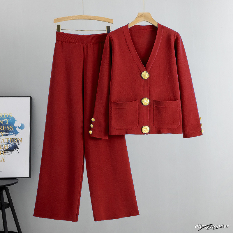 Fall Winter Womens Knit Sweater Sets Large Gold Button Vneck Cardigan Coats Conjunto High Waist Baggy 95Cm Wide Leg Pants Suit 250106 ddmywonder