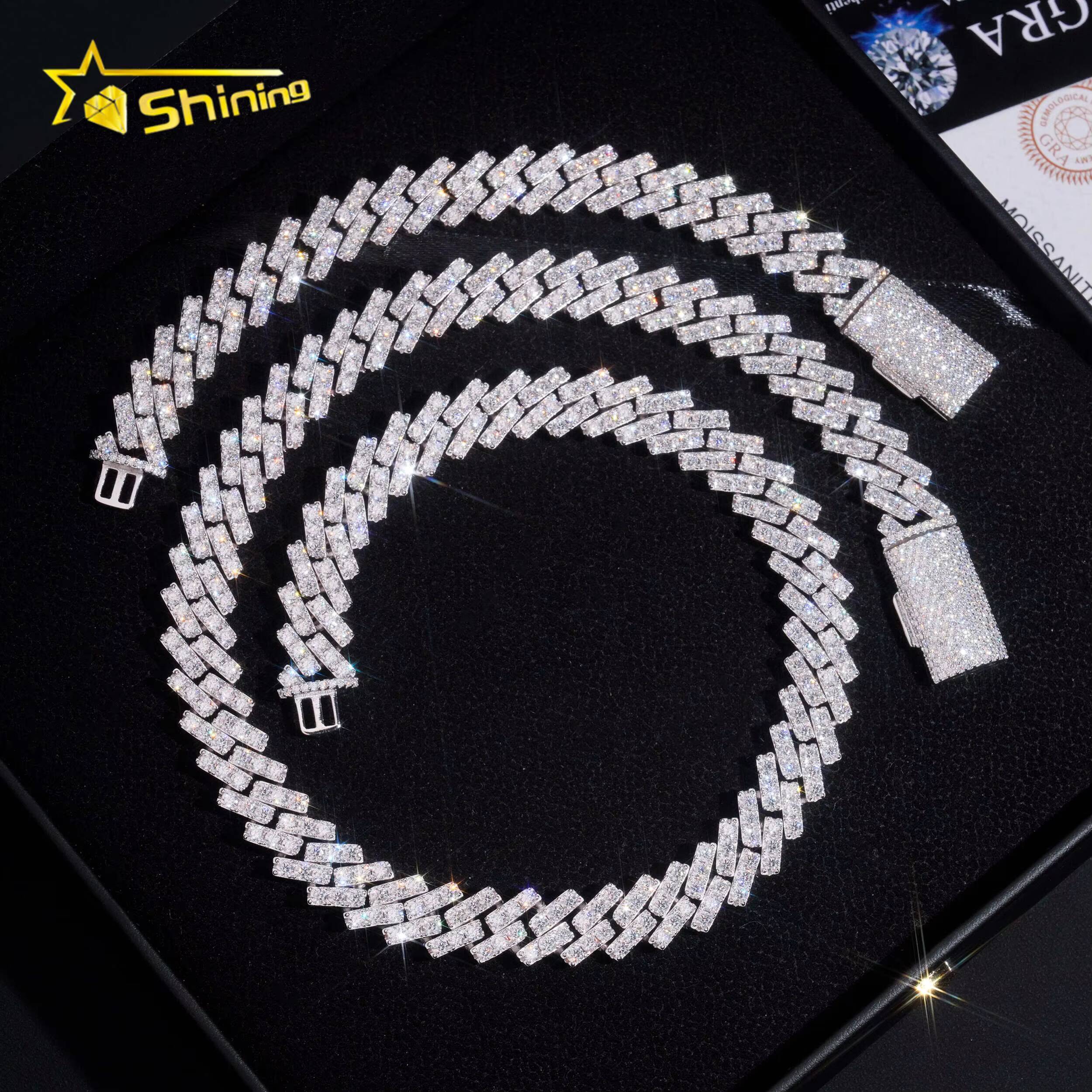 Hot Sale 13mm Single Rows Vvs Moissnaite Iced Out Hip Hop Jewelry Moissanite Cuban Chain Sterling Silver 925 Gold Plated Chain
