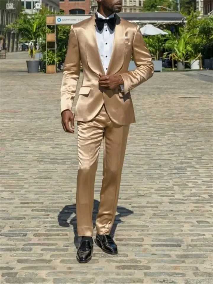 2 Pieces Gold Silk Satin Men Suits Blazer Pants Groom Prom Party Wedding TuxedosCodtume Homme Mariage W250910