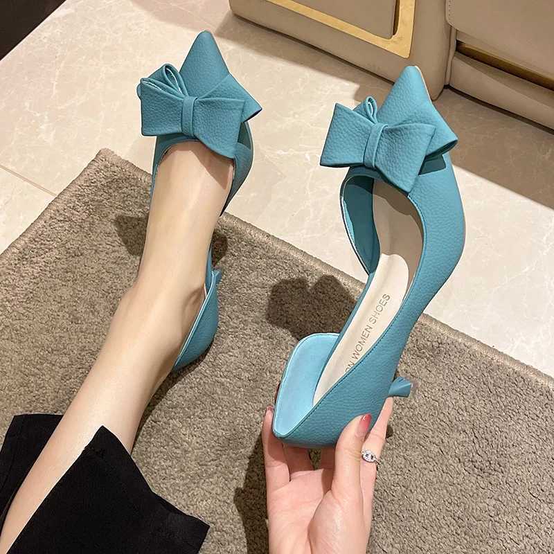New Bowknit Thin Heels Pumps Women Blue Elegant SlipOn Party Shoes Woman Summer Pointed Toe Solid Color High Heels Shoes2023 W250910