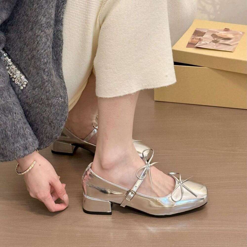 Red Evening Pumps French Style Chunky Heel Squ Toe Spring Summer New Bowknot Women's Shoes Matching Dress High-end Fashion