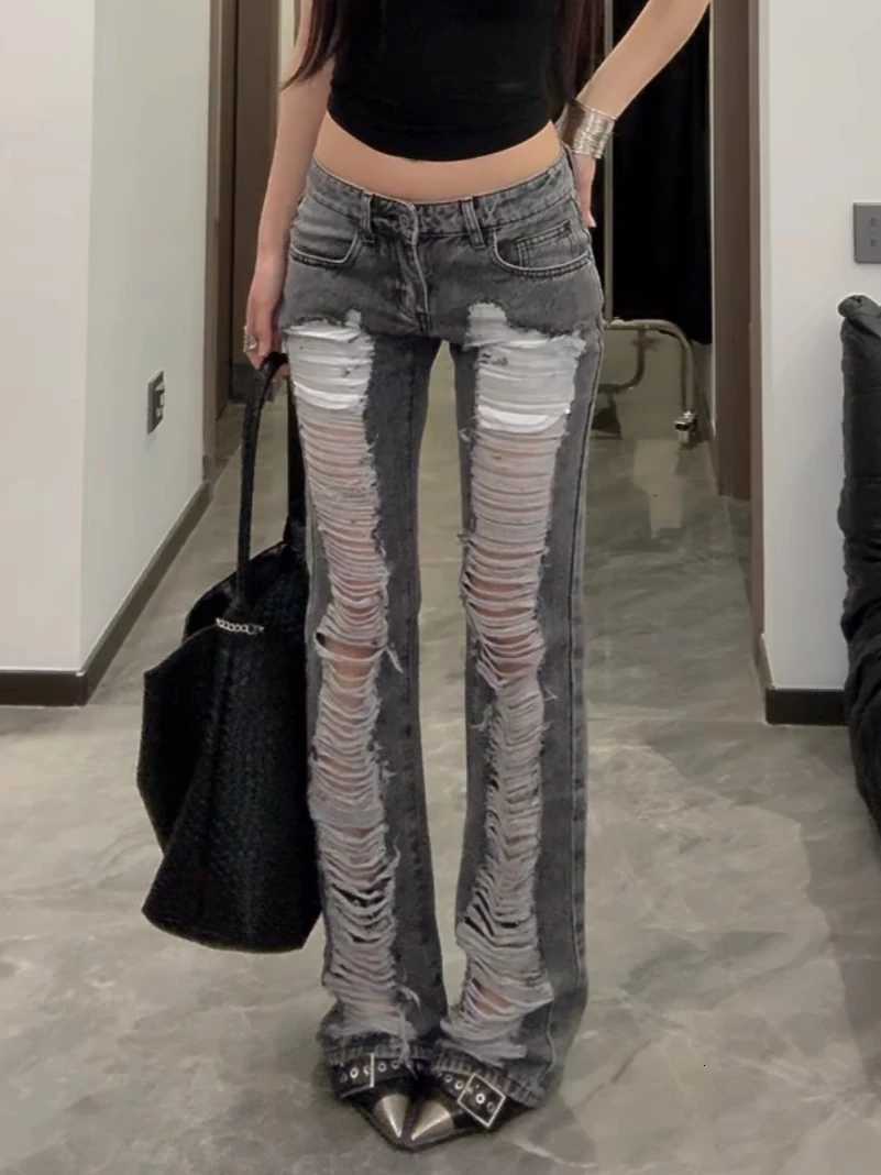 Womens Grey Ripped Skinny Jeans Harajuku Vintage Y2k Denim Trousers Japanese 2000s Style Emo Oversize Jeans Long Pants Clothes Z250910