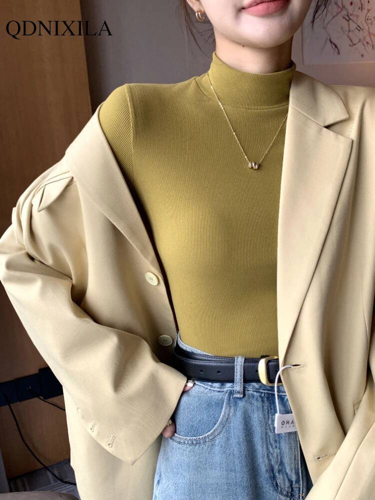 Women's Knitted Half-Turtleneck Pullover Sweater Elegant Korean Fashion Long-Sleeve Top Slim Fit Thermal Jumper Casual Knitwear dongdumaoyi