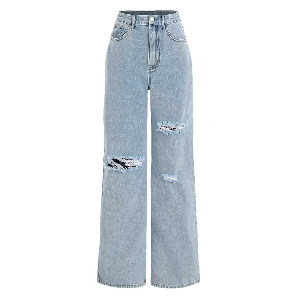 Straight Pants Women Streetwear Hole Jeans High Waist Ripped Washed Pockets 2025 Vintage Basics Ankle Length Trousers Denims Z250910