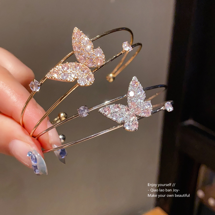 Gold-Tone Double-Layer Open Bangle With Crystal-Encrusted Butterfly Accent & Tiny Crystal Details, Sweet Sparkly Style, Ideal For Elevating Feminine D