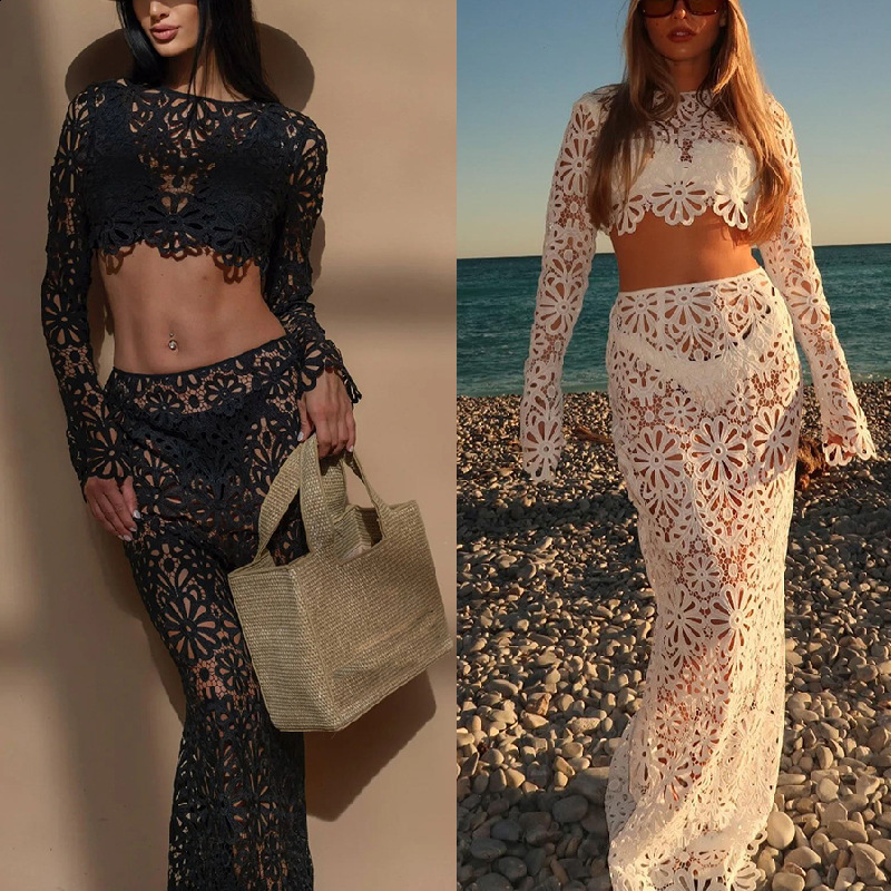 Slim Knit Crocheted Hollow Out Skirt Suit Women Long Flare Sleeve O-neck Crop Tops Hip Package Skirts Autumn Lady Beach Set 240813