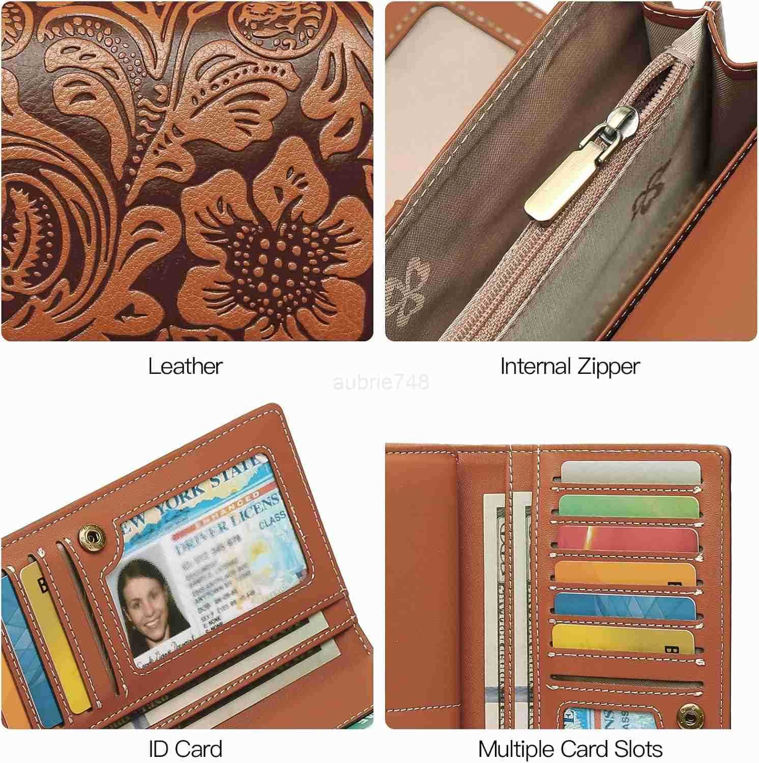 Womens Wallet RFID Blocking Long Clutch Ladies Purse Vegan Leather Embossed Flower BrownZ250910