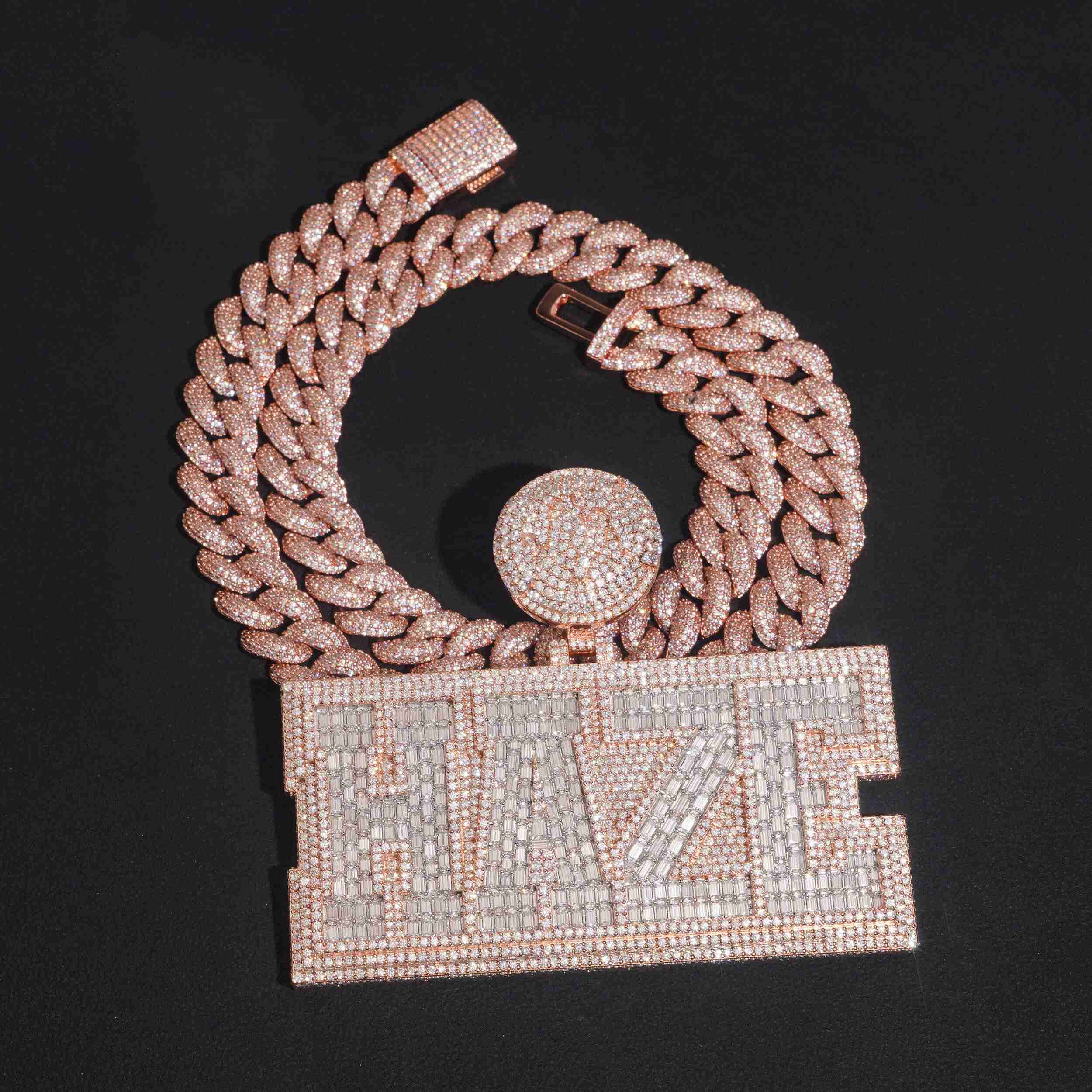 Rose Gold VVS Moissanite Diamond Baguette Name Pendant With Memory Photo on Back