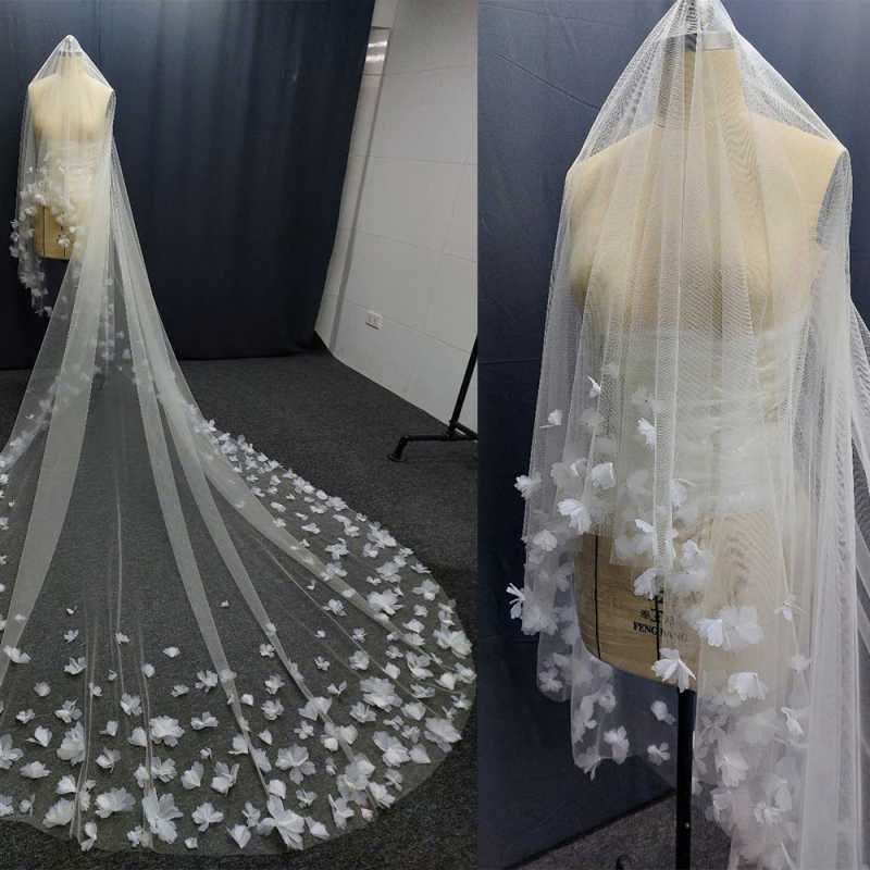 Romantic 3D Floral Wedding Veils One Layer Long Cathedral Length Bridal Veis For Wedding Ceremony Bridal Accessorios Custom Made