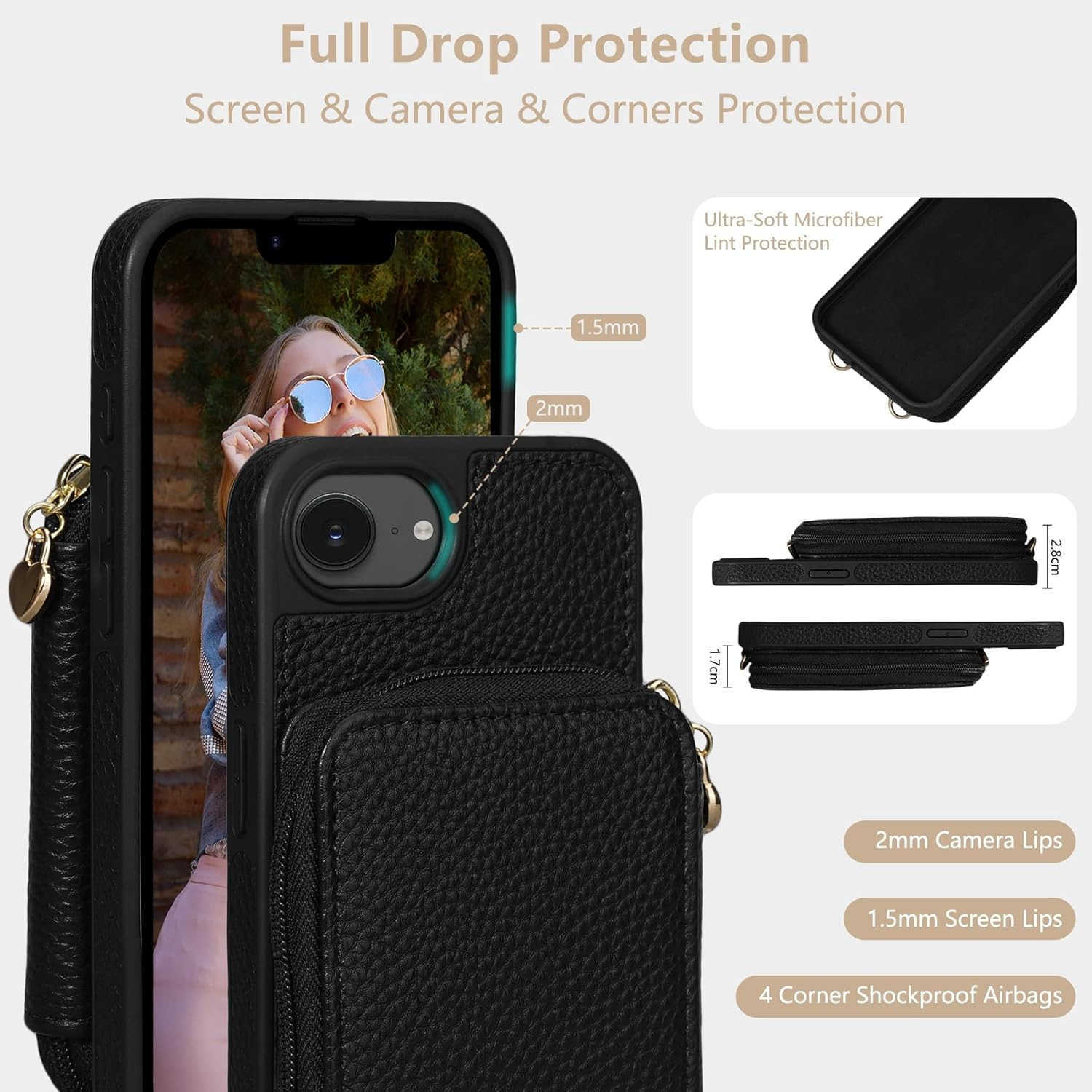 Case for iPhone 16e 2025 61 Case Wallet Crossbody Zipper with RFID Blocking Card Slots KickstandHandbag Zipper Flip Cover with Wrist Strap for iPhone 