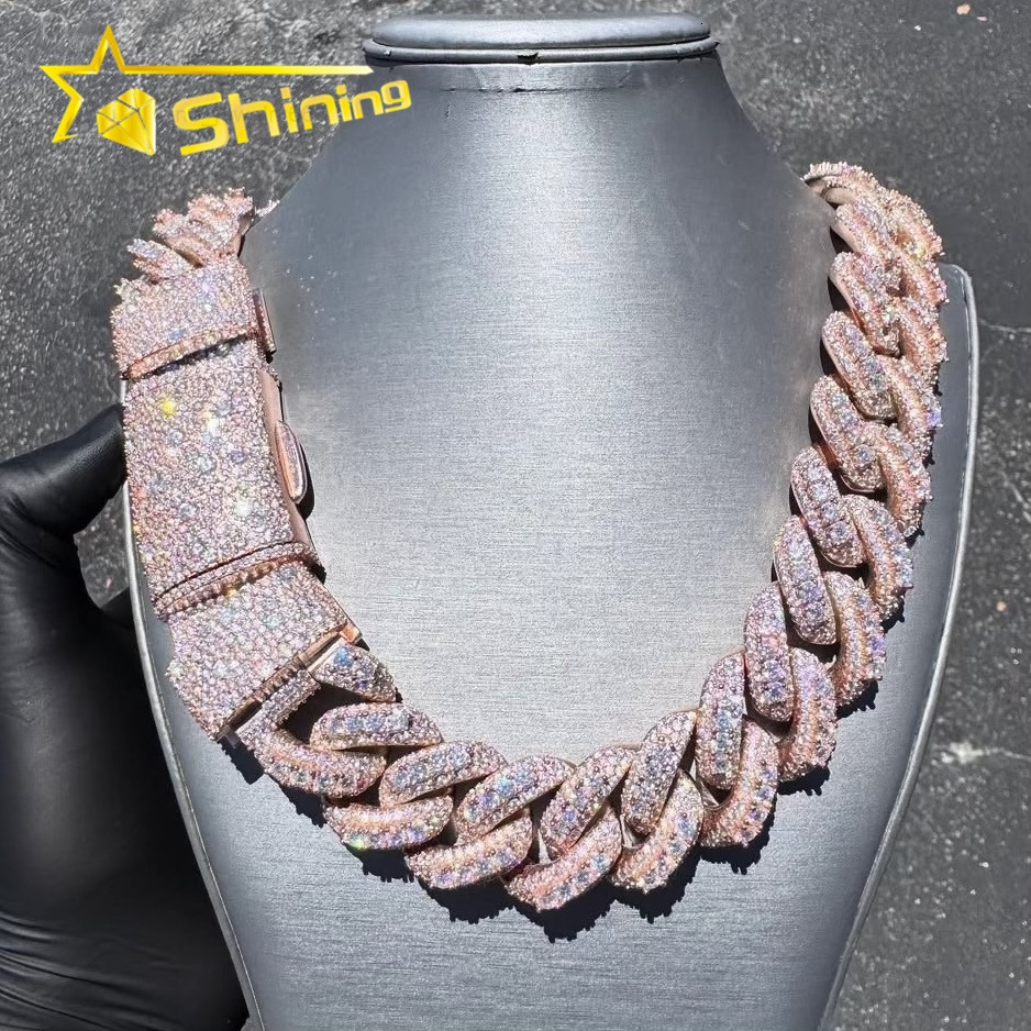 New Arrival VVS Moissanite Rose Gold 28MM Mosaic Lock Three Rows Raised Stone Cuban Link Chain Necklace